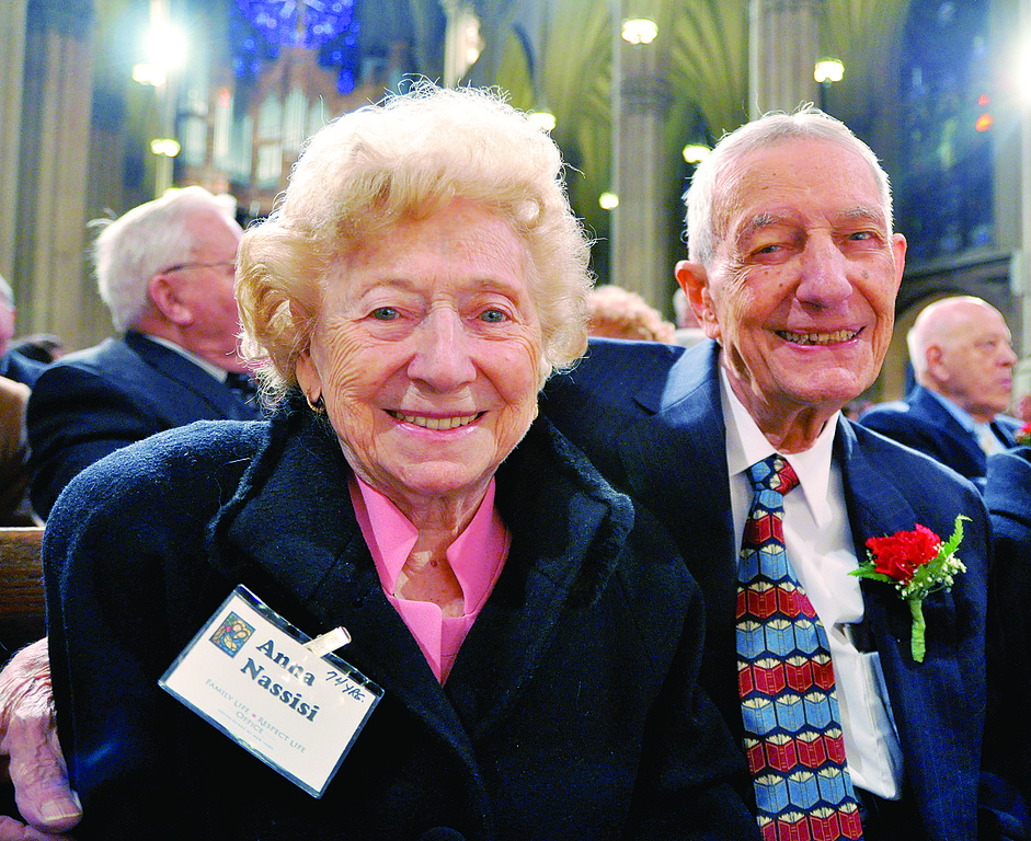 Smiling Together-Anna and Tom Nassisi of St. Ann’s parish in Nyack share a happy moment at World Marriage Day Mass in St. Patrick’s Cathedral Feb. 13 honoring the longest-married couples in the archdiocese. The Nassisis, who will celebrate their 74th anniversary in April, were awarded first place in this year’s contest.
