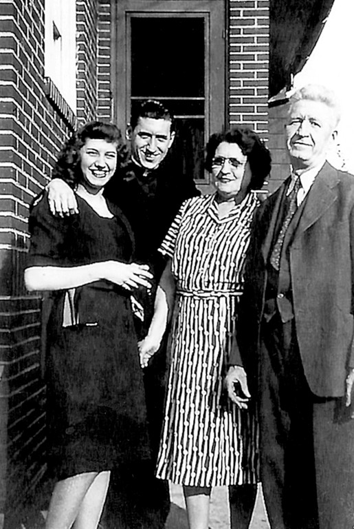 CLOSE TIES—Father John J. O’Connor with his sister, Mary, and parents, Dorothy and Thomas, at friend’s home in Norwood, Pa., in 1946.