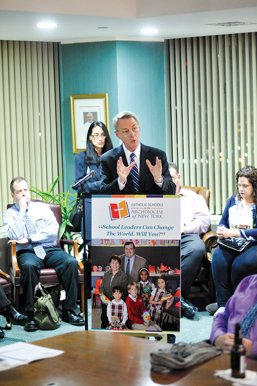 Dr. Timothy McNiff, superintendent of schools for the archdiocese, addresses select educators at the New York Catholic Center in Manhattan Feb. 23. He asked them to consider discerning a future role as a Catholic school principal.
