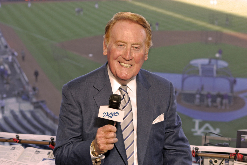 Vin Scully prepares to broadcast a Los Angeles Dodgers game at Dodger Stadium. Scully, 88, is retiring at the end of the 2016 season after 67 years as a Dodgers broadcaster.