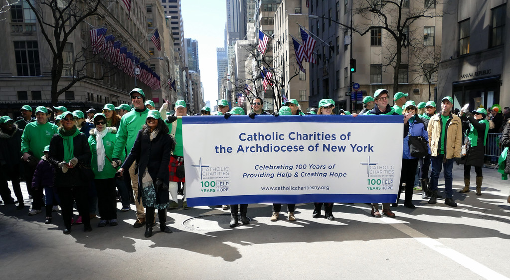 A large contingent of marchers from Catholic Charities of the Archdiocese of New York line up behind their banner. The New York City St. Patrick’s Day Parade paid special tribute to Catholic Charities and the New York State Police, both of which are marking their centennial.