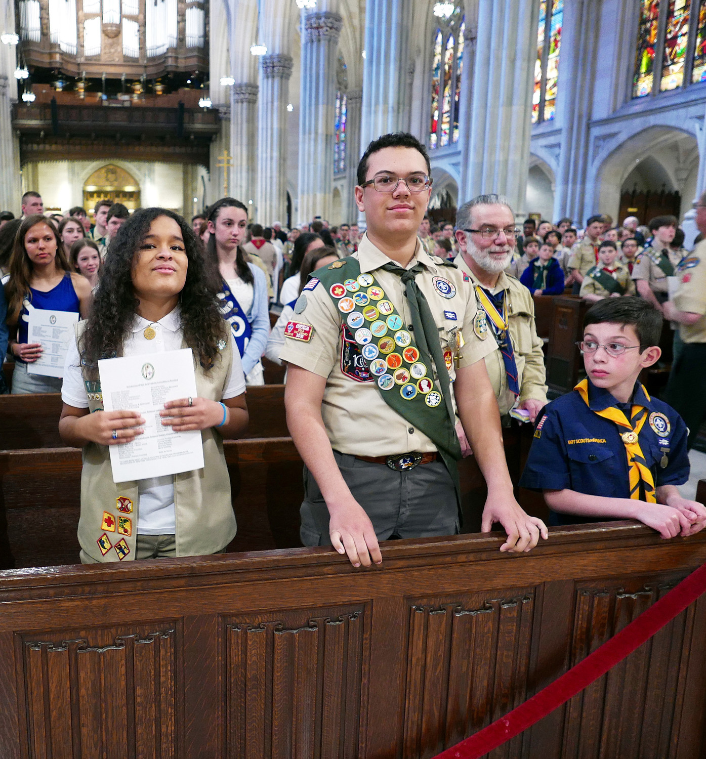 Scouts fill the pews of St. Patrick’s Cathedral for the archdiocesan Emblem Sunday Scouting Mass celebrated by Cardinal Dolan April 22. Honors were given to 158 scouts at the afternoon liturgy, which was attended by 900 people.