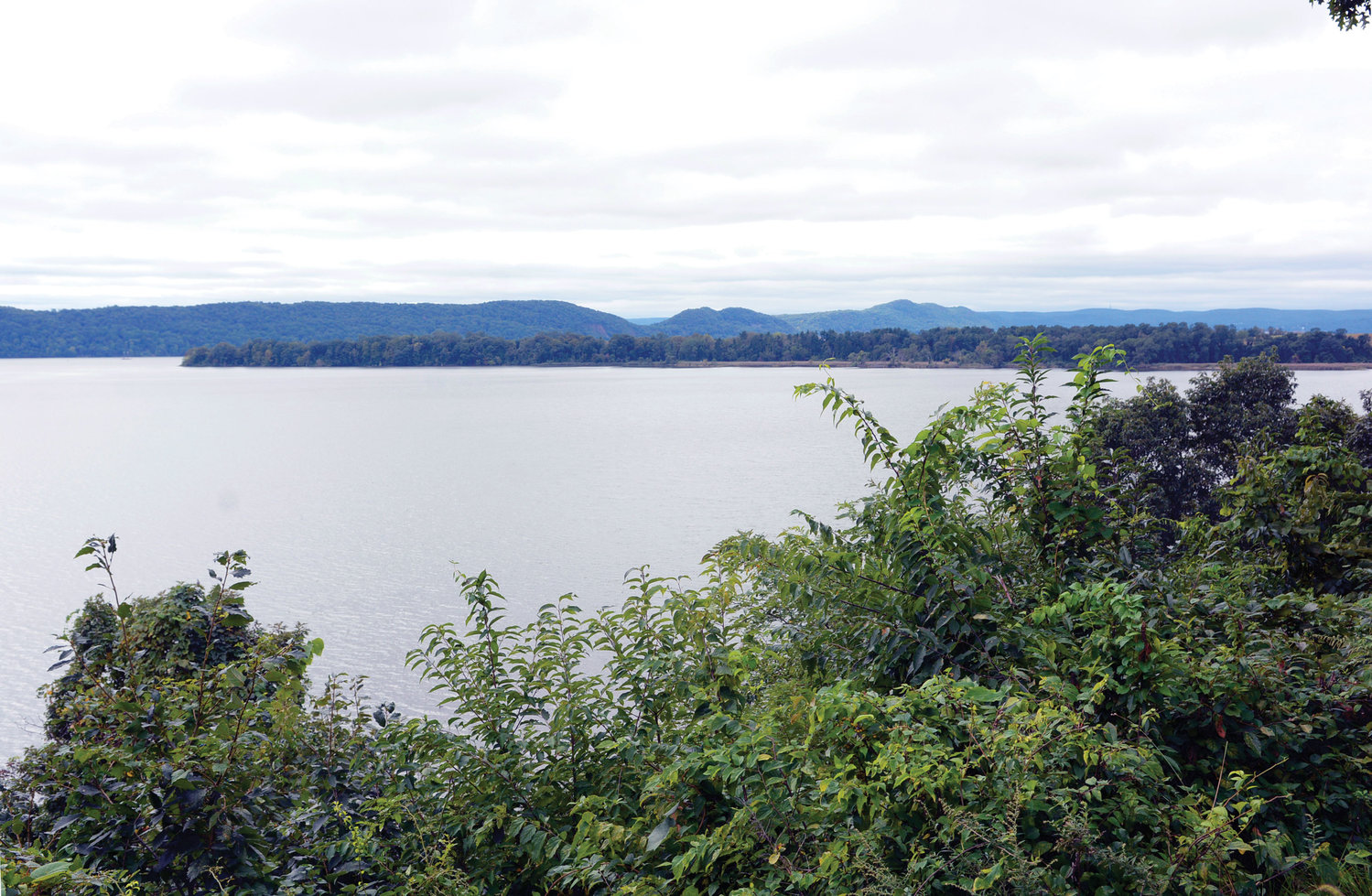 A view beyond the trees at Mariandale shows the Hudson River and the landscape of Rockland County.