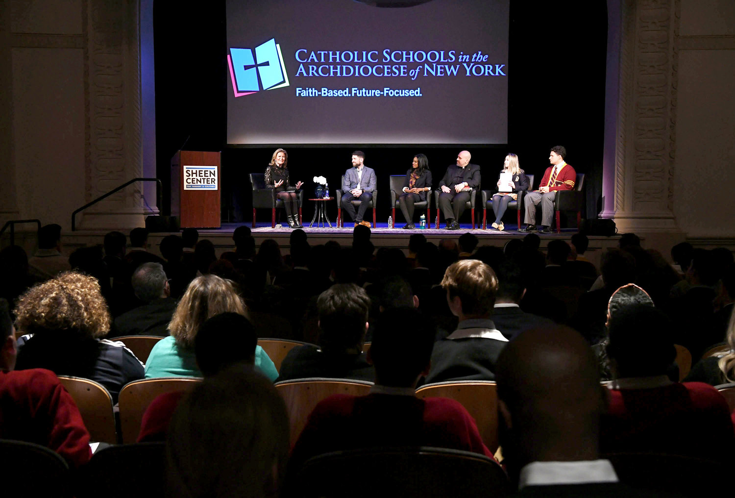 FUTURE-FOCUSED—On stage for the panel discussion were Monica Morales, moderator; Pete Burak, keynote speaker, and panelists Danielle M. Brown, Father Joseph Espaillat, and students Virginia Capellupo and Frank Scafuri.