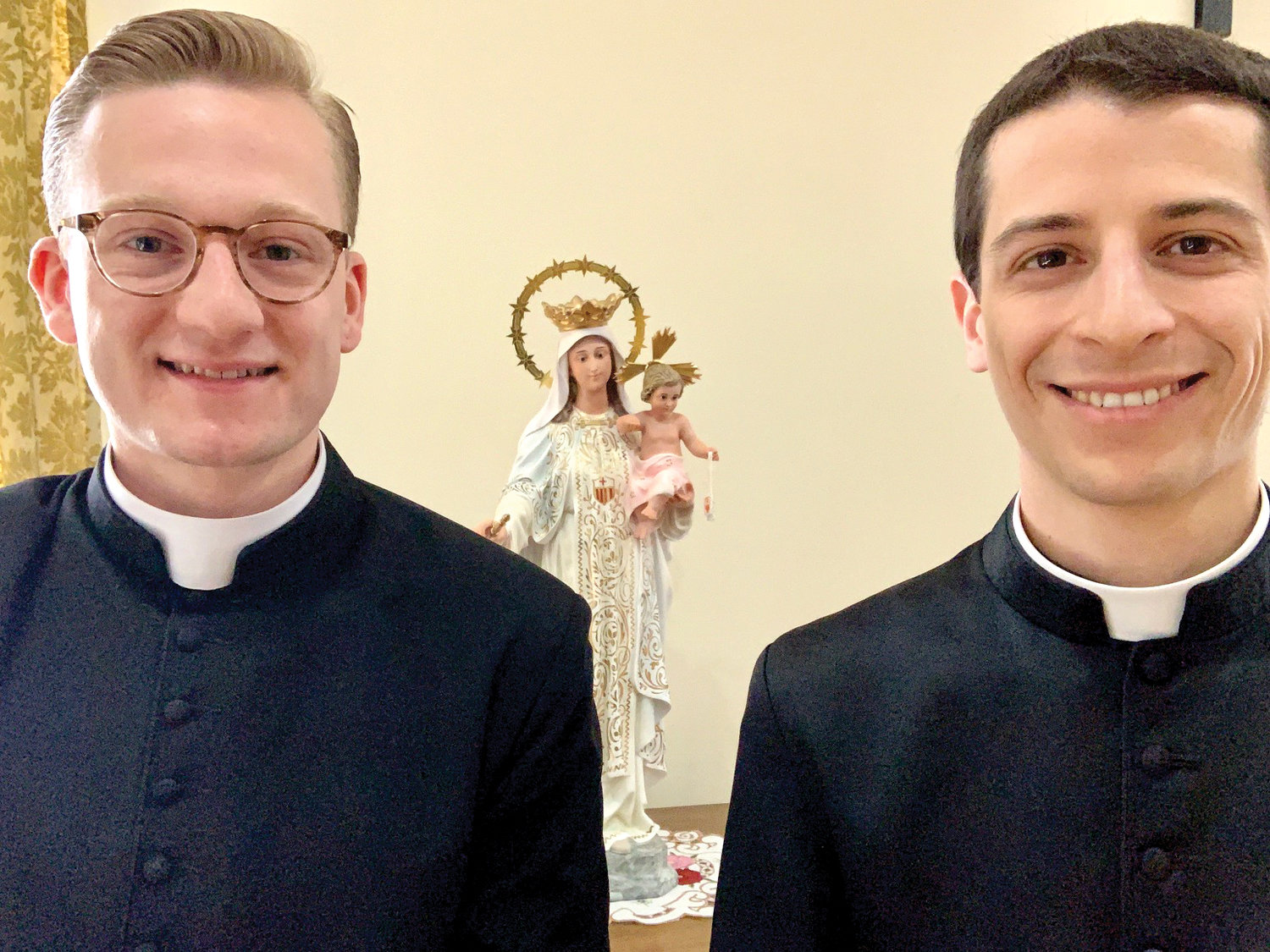Father Michael Connolly, left, and Father Louis Masi are staying at an unoccupied retreat house while in isolation for the pastoral care mission to bring prayer and the sacraments to the sick and dying.