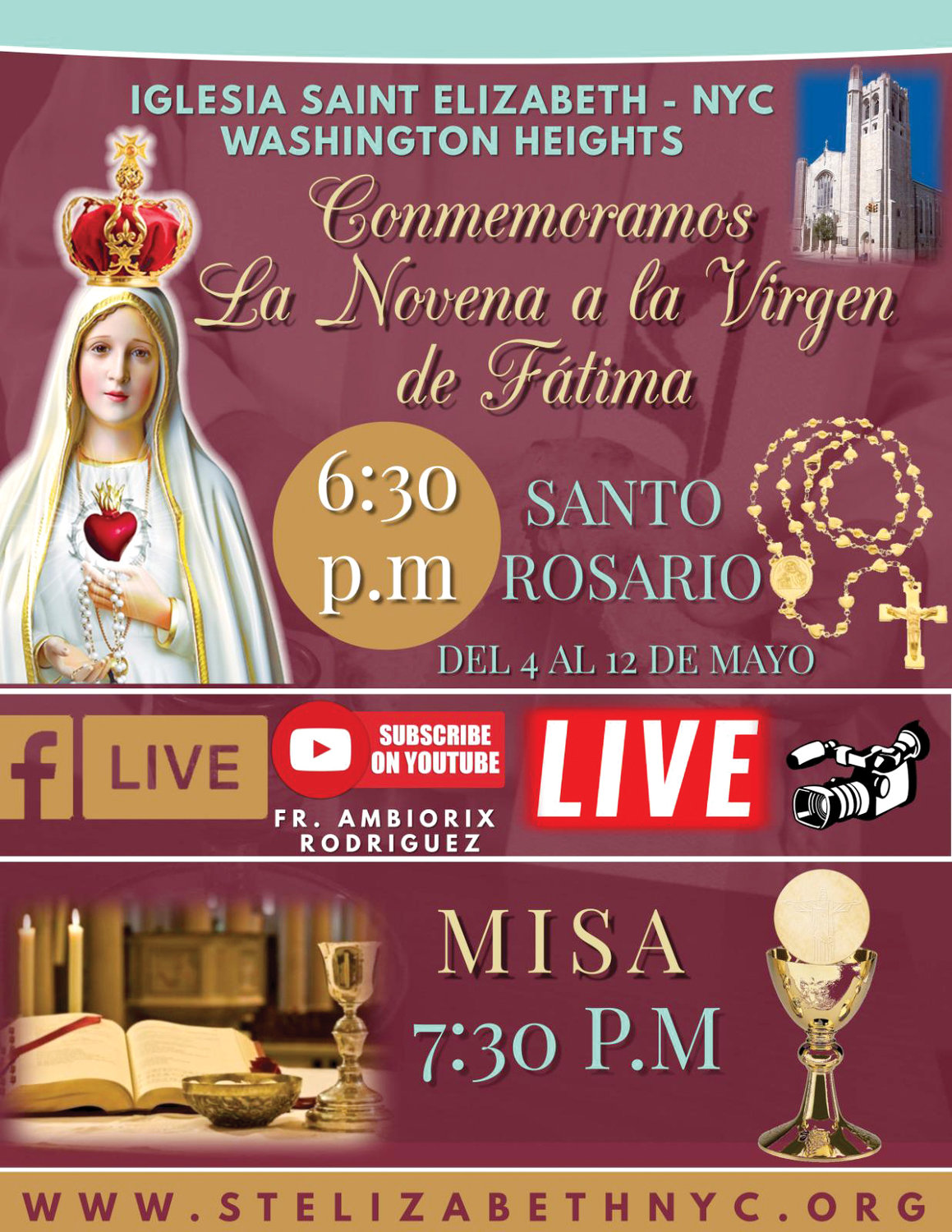 Un recien anuncio sobre una Misa y Rosario, transmitidos en vivo, en Santa Elizabeth.