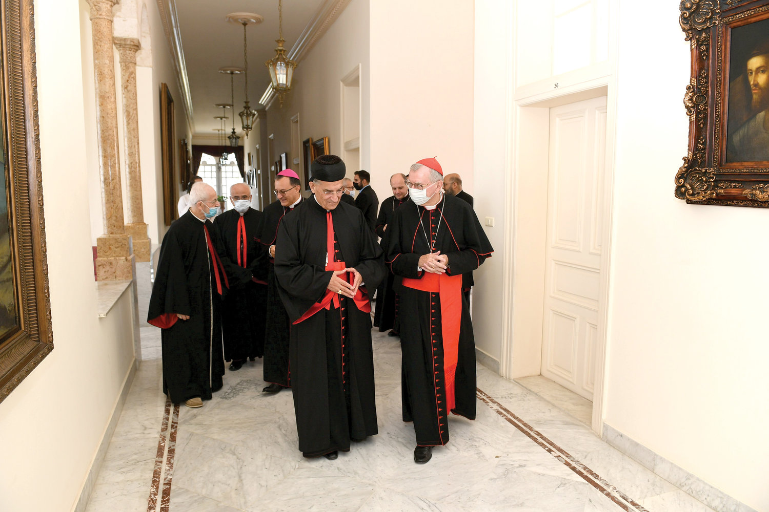 CHURCH RESPONSE—Cardinal Pietro Parolin, Vatican secretary of state, right, visits with Lebanese Cardinal Bechara Boutros Rai, Maronite patriarch of Antioch, and other religious leaders in Bkerke, Lebanon, Sept. 4, one month after the explosion in Beirut.