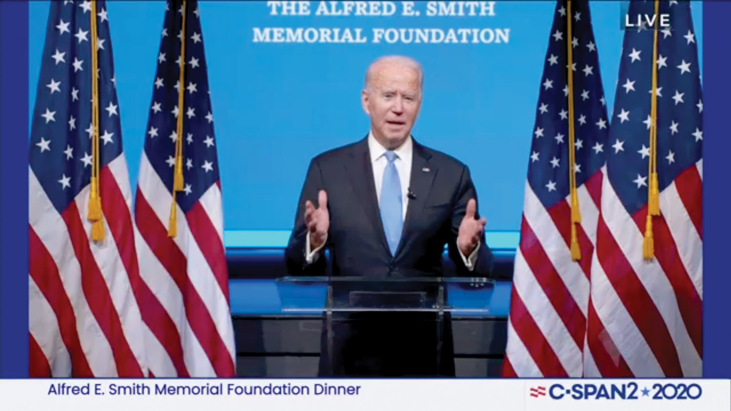 The 75th Annual Alfred E. Smith Memorial Foundation Dinner Virtual Event is livestreamed from the residence of Cardinal Dolan Oct. 1 due to the coronavirus pandemic. Remarks via recorded videos were delivered by President Donald J. Trump, and former Vice President Joseph R. Biden, the candidates in next month’s presidential election.