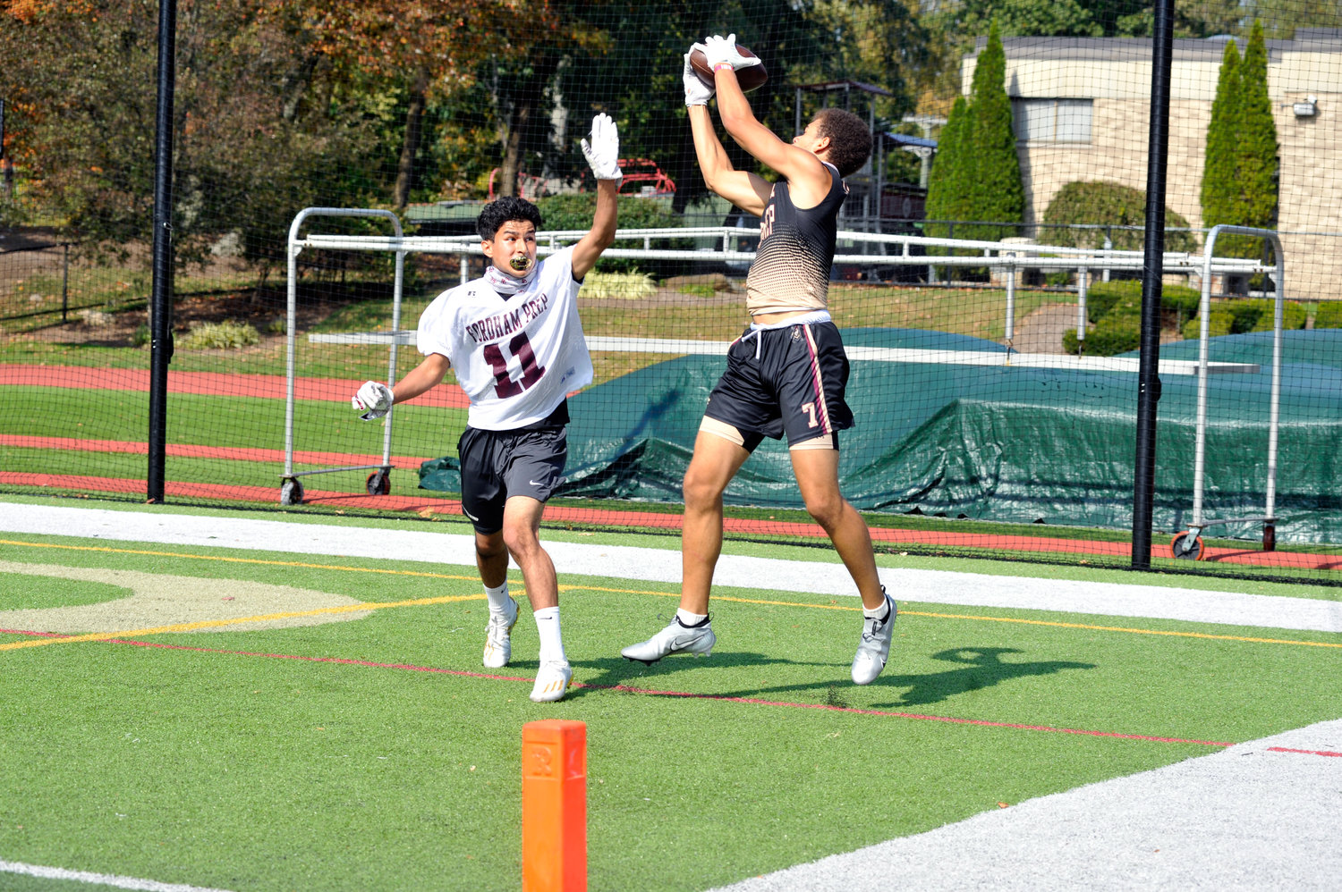 Iona Preparatory School senior Alex Williams catches a touchdown pass during Iona Prep’s 46-23 flag football victory in New Rochelle Oct. 10.