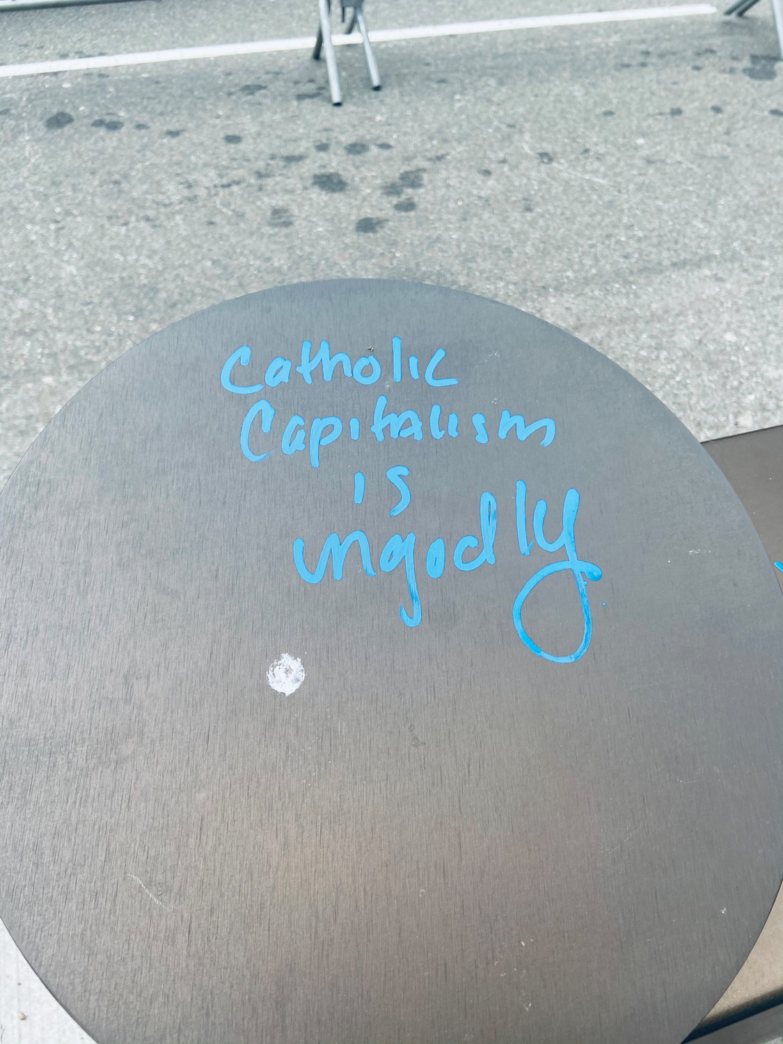 CATHEDRAL GRAFFITI—A bollard in front of St. Patrick’s Cathedral was marred by graffiti with an anti-Catholic tone in the early morning hours of Jan. 1.