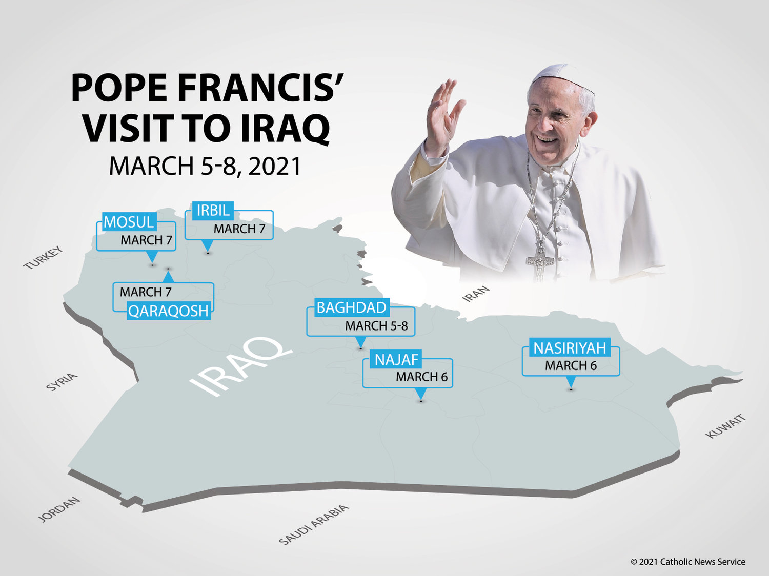 PAPAL TRAVELS—Pope Francis is scheduled to visit six cities during his March 5-8 visit to Iraq.