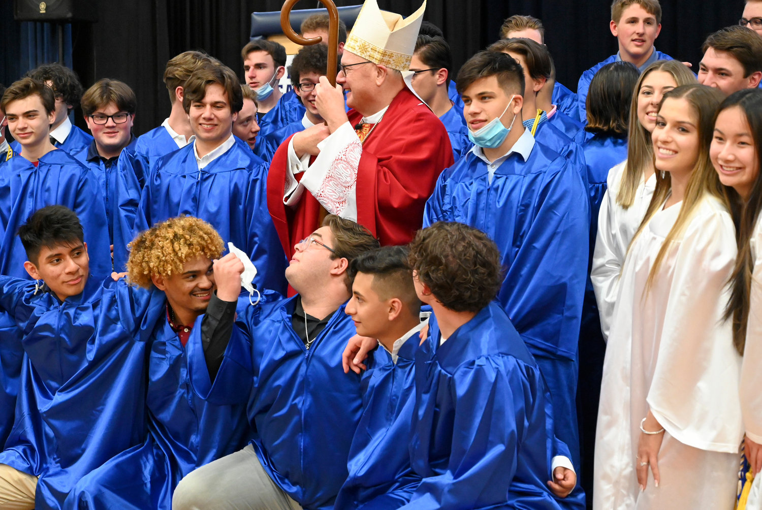 Cardinal Dolan stands in a photo with the graduating seniors of John S. Burke High School in Goshen following the Baccalaureate Mass June 3.