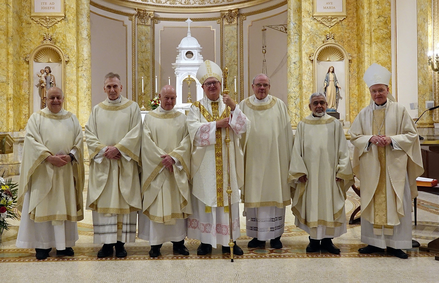 Members of the Ordination Class of 1971 join Cardinal Dolan, center, and Msgr. Joseph LaMorte, vicar general and moderator of the curia, left, and Auxiliary Bishop Edmund Whalen, vicar for clergy, right. From left, the jubilarians are Father Kevin Madigan, Msgr. Robert Ritchie, Msgr. Dennis Keane and Father Gamini Fernando.