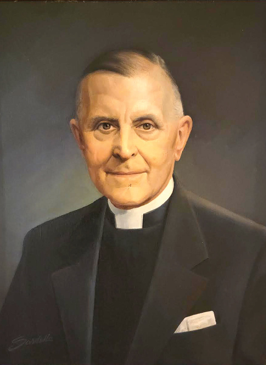 A portrait of Father George Barry Ford in Ford Hall at Columbia University.