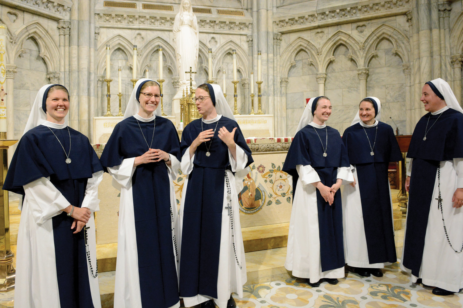 Six Sisters of Life, from left, Sister Jordan Rose, S.V.; Sister Magnificat Rose, S.V.; Sister Elizabeth Grace, S.V.; Sister Cara Marie, S.V.; Sister Pia Jude, S.V.; and Sister Maria Cristina, S.V., professed their final vows during an Aug. 6 Mass celebrated by Cardinal Dolan at St. Patrick’s Cathedral Aug. 6. The mission of the Sisters of Life is to protect human life.