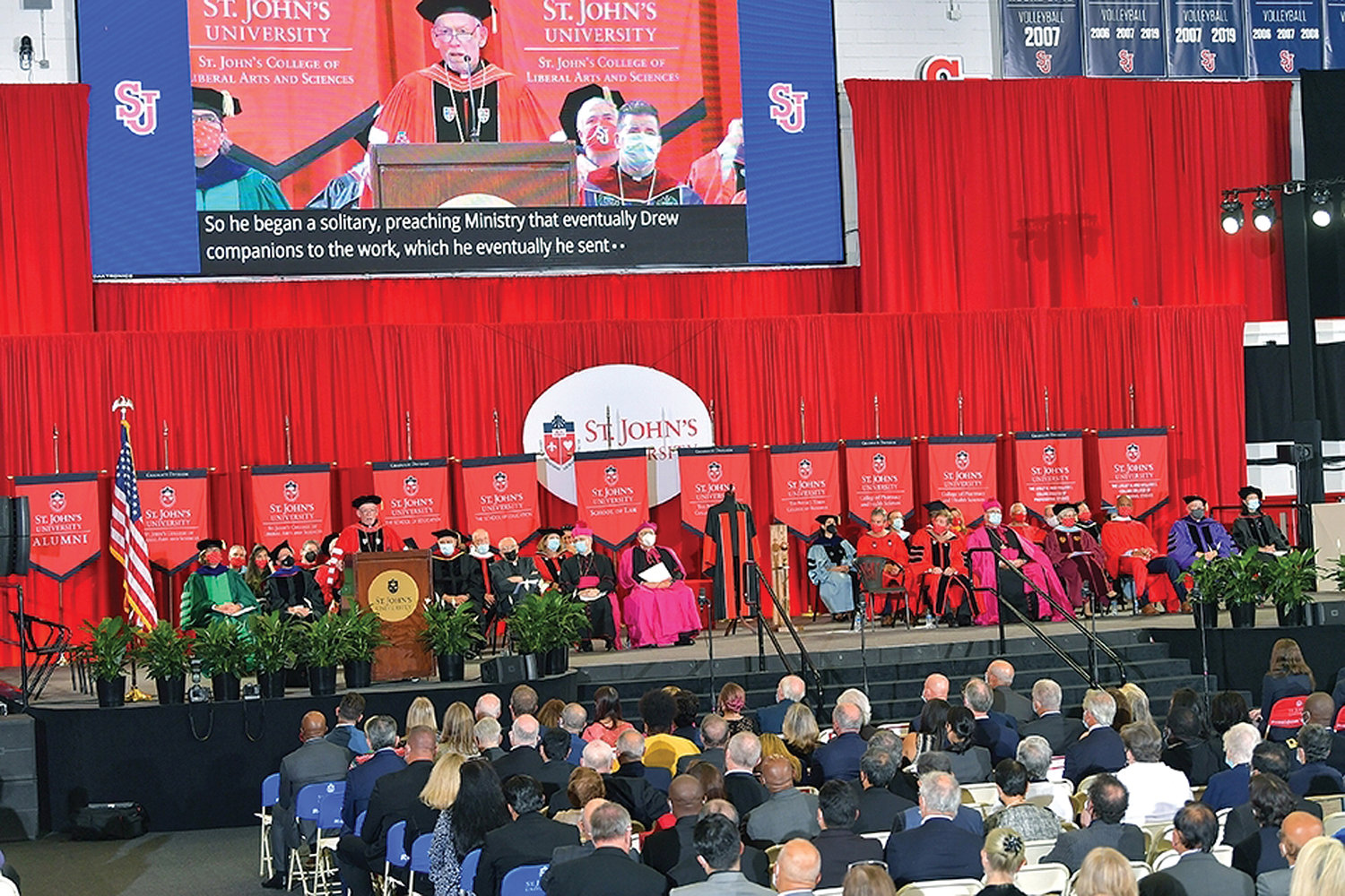NEW PRESIDENT—Father Brian J. Shanley, O.P., was formally invested as president of St. John’s University during a Sept. 24 ceremony at Carnesecca Arena on the university’s main campus in Queens. His tenure as St. John’s president began Feb. 1. Father Shanley is the 18th president in the Vincentian-run university’s 151-year history. A Dominican priest, he served for 15 years as president of Providence College in Rhode Island before coming to St. John’s.