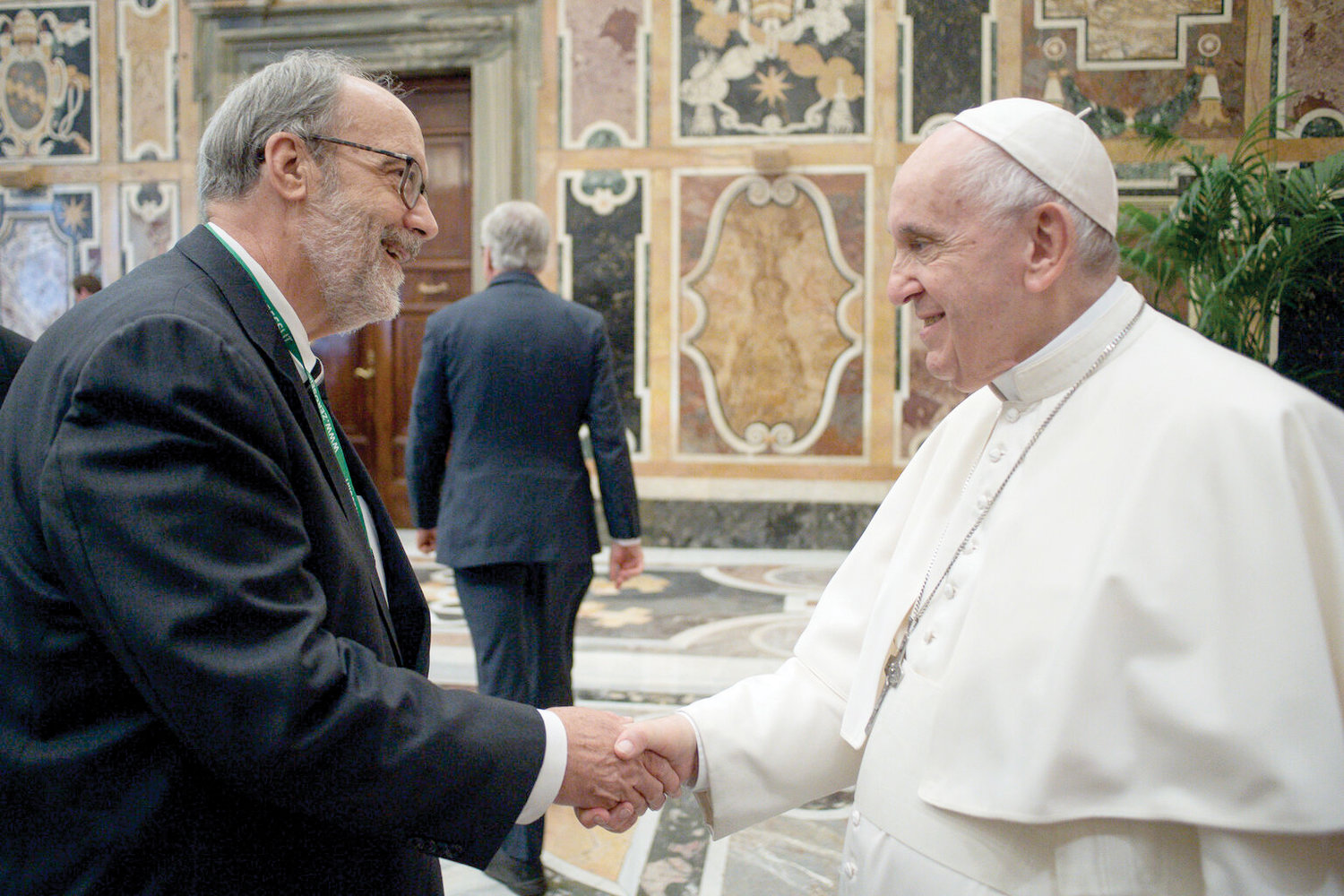 Prof. Henry Schwalbenberg of Fordham University meets Pope Francis Oct. 23 at the Vatican’s Apostolic Palace.
