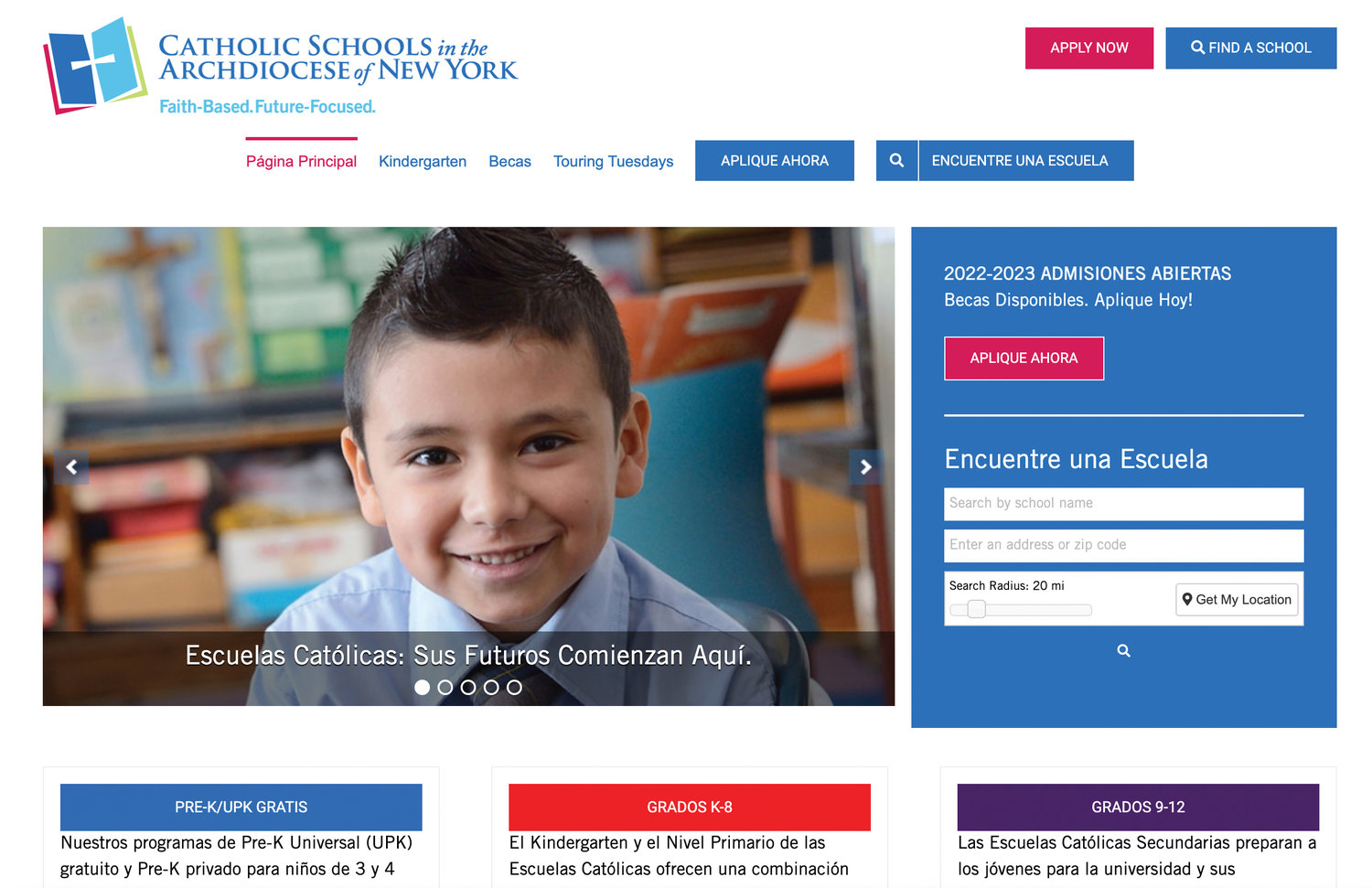 A smiling student, below left, is among the photos and other information featured in the Español section of the archdiocesan Superintendent of Schools Office website.