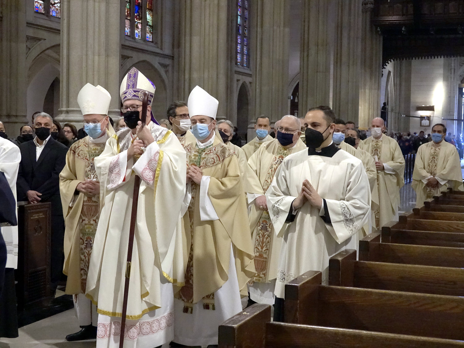 Cardinal Dolan leads a procession of bishops and other clergy members at the Feb. 2 Funeral Mass for Det. Wilbert Mora in St. Patrick’s Cathedral.