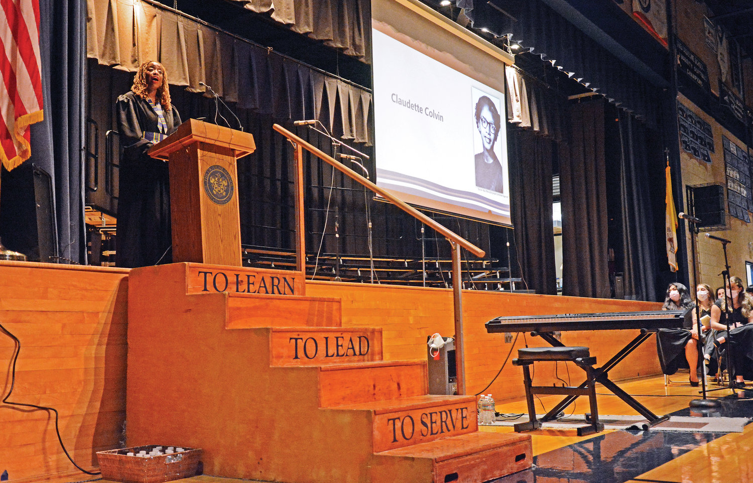 Hon. Tanya R. Kennedy, an associate justice of the appellate division first department, speaks to students and staff at The Ursuline School in New Rochelle Feb. 3 during a special Black History Month program.