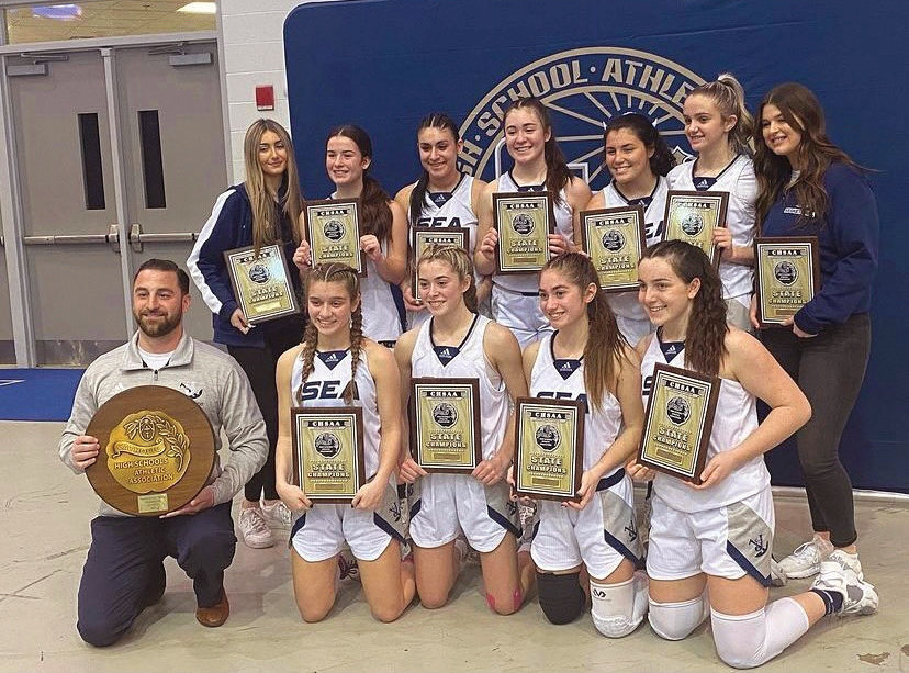 St. Joseph by-the-Sea girls won CHSAA state championships at Hofstra University in Hempstead. They beat Holy Cross, 73-25, for the program’s first state title March 13.
