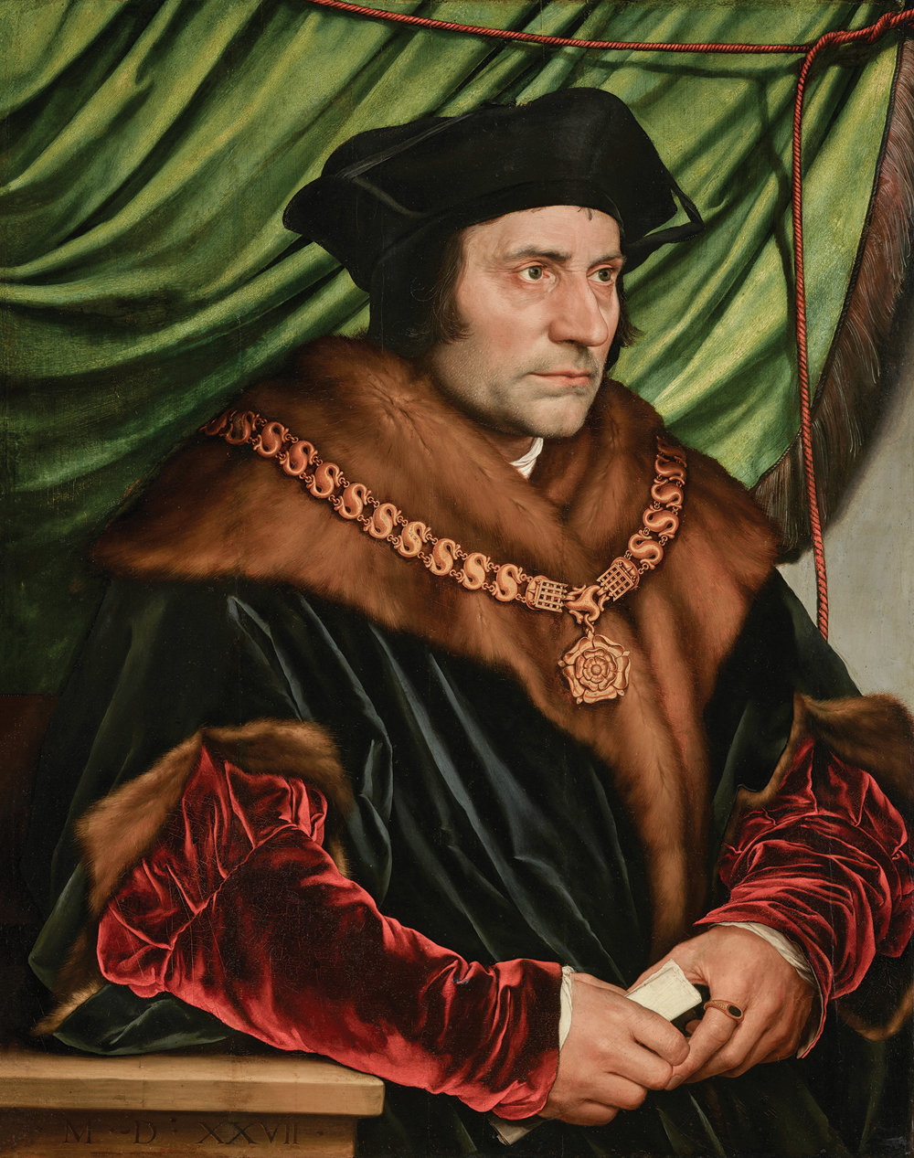 A MAN FOR ALL SEASONS—“Portrait of Sir Thomas More” is on exhibit through May 15 at The Morgan Library & Museum in Manhattan. Hans Holbein the Younger (1497/98-1543) Sir Thomas More 1527 Oil on panel 29 1/2 x 23 3/4 in. (74.9 x 60.3 cm) The Frick Collection, New York, 1912.1.77