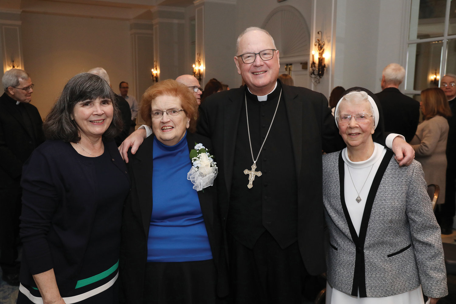 The Catholic School Region of Rockland celebrates its third annual Catholic Schools Breakfast for 335 guests at the Hilton Pearl River March 31. Pictured with Cardinal Dolan are three honorees, from left: Mary Leahy, CEO of Bon Secours Charity Health System, who received the Our Lady of the Rosary Leadership Award, and two retired principals who were presented the St. Dominic Legacy Award: Margaret Hamilton, who served at St. Peter School in Haverstraw from 2002 to 2013, and Sister Stephen Gerard, O.P., who was at St. Paul School in Valley Cottage from 1974 to 2016. More than $60,000 was raised to support scholarships, capital improvements and technology enhancements in the Catholic School Region of Rockland, which provides scholarships for more than 1,200 students in five schools each year.