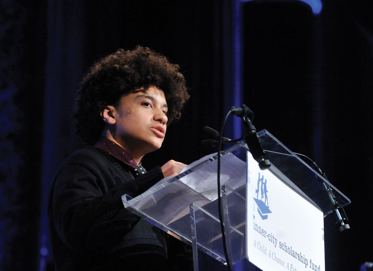 Evan Cardona, a junior at All Hallows High School in the Bronx, speaks May 10 on behalf of the scholarship recipients during the 45th annual Inner-City Scholarship Fund Friends Gala at Cipriani 42nd Street in Manhattan.