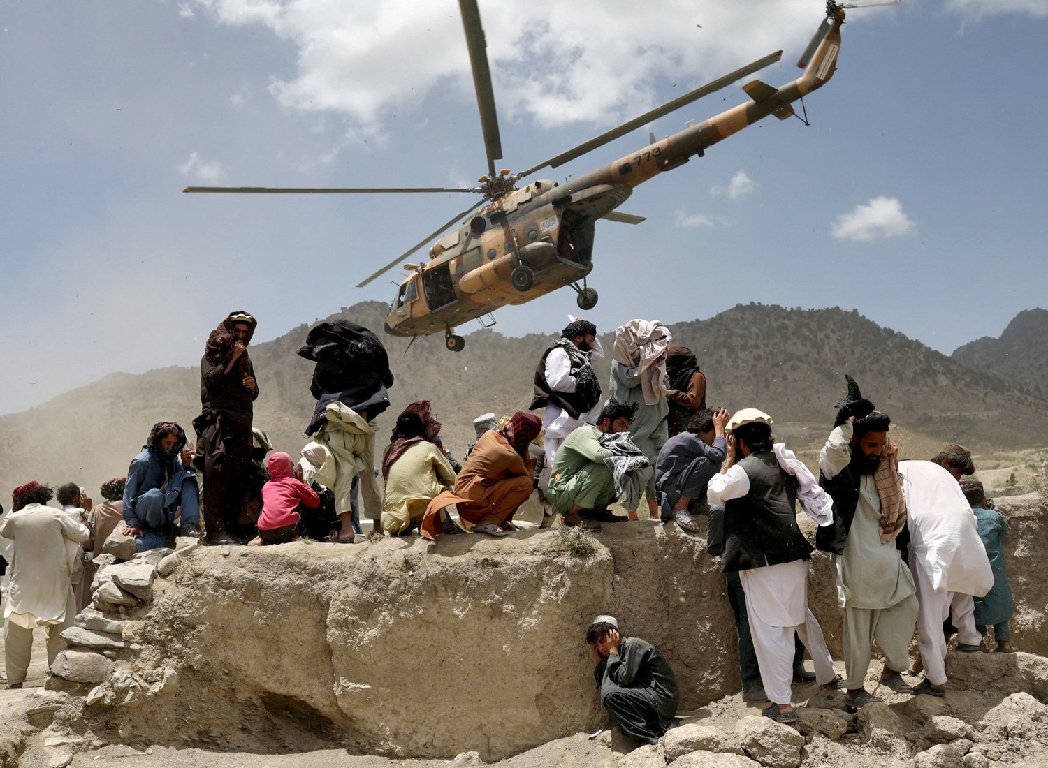 A Taliban helicopter takes off June 23 after carrying aid to the site of a strong earthquake the previous day in Gayan, Afghanistan.