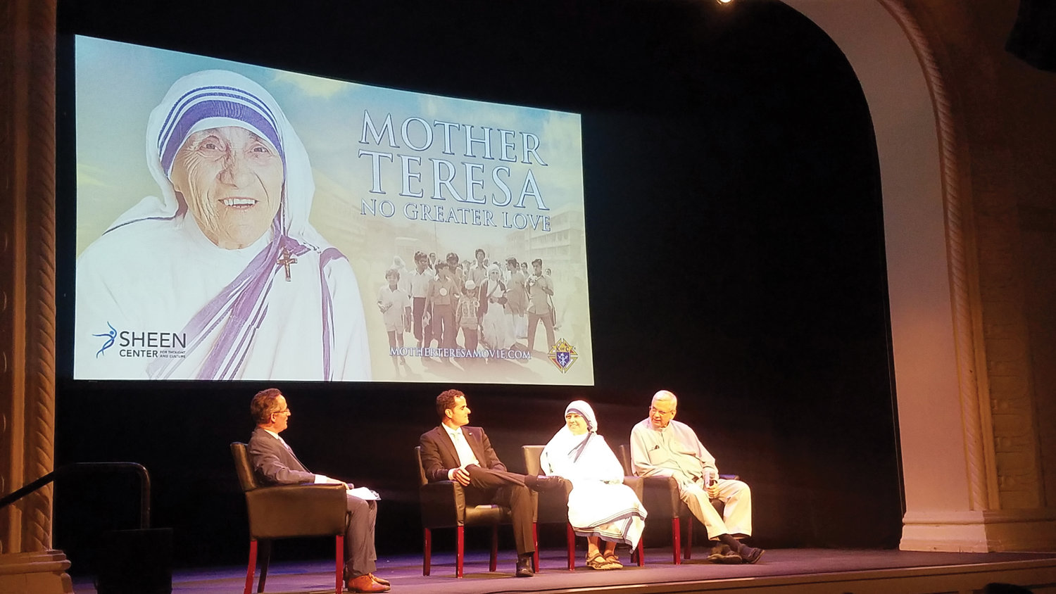 A panel discussion followed the screening. From left: moderator David DiCerto of the Sheen Center; David Naglieri, director and producer of the film; Sister M. Clare, M.C.; and Father Brian Kolodiejchuk, M.C.