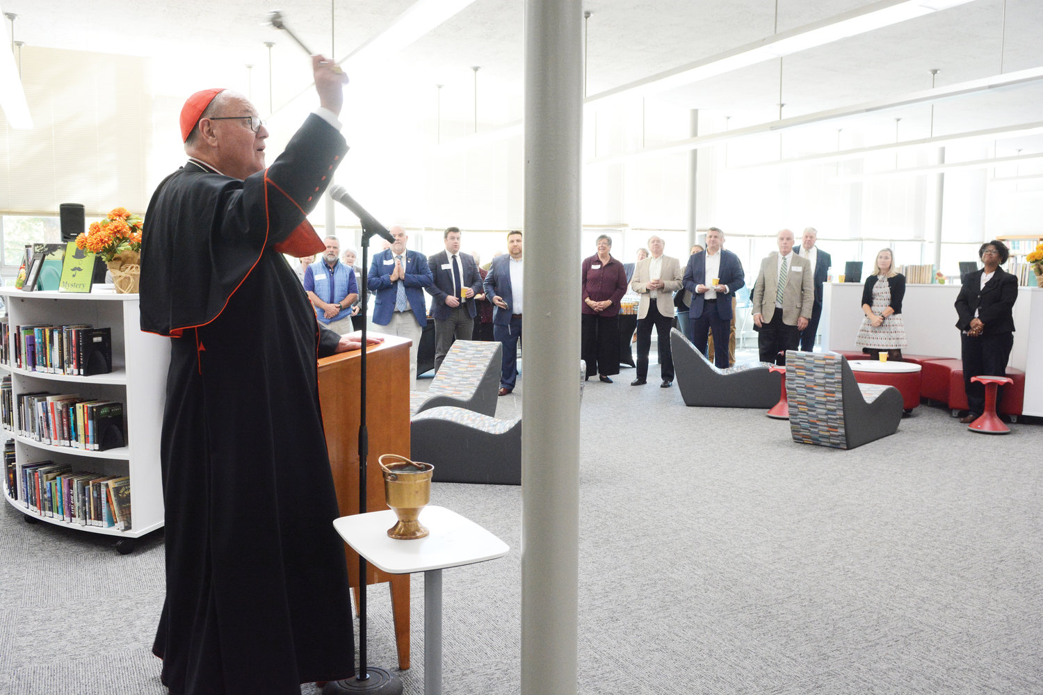 The cardinal blesses the Center for Innovation and Learning at Albertus Magnus during his tour of the Rockland County high school.