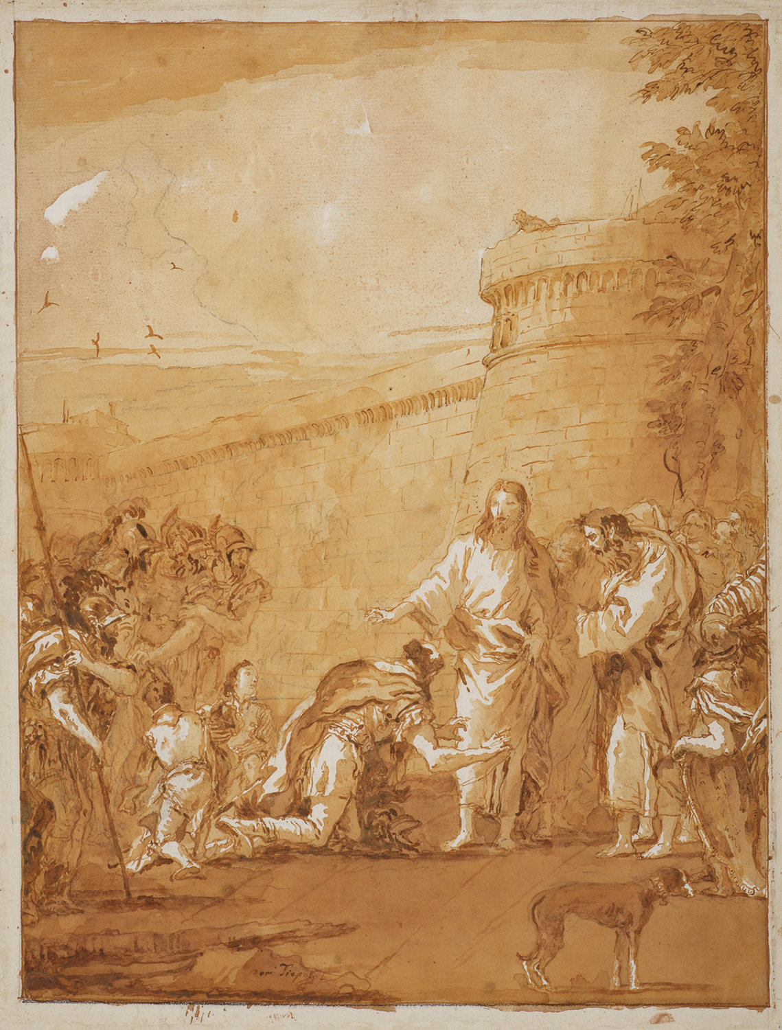 Giandomenico Tiepolo, “Christ and the Centurion of Capernaum,” ca. 1786–90. Pen and brown ink, orange-brown wash, and black chalk over a black chalk underdrawing on off-white laid paper. 19 5/16 x 15 1/8 inches. Promised gift from the Collection of Elizabeth and Jean-Marie Eveillard.